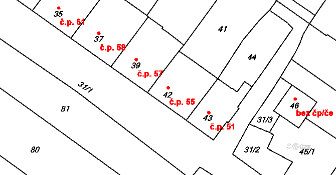 Derflice 55, Znojmo na parcele st. 42 v KÚ Derflice, Katastrální mapa