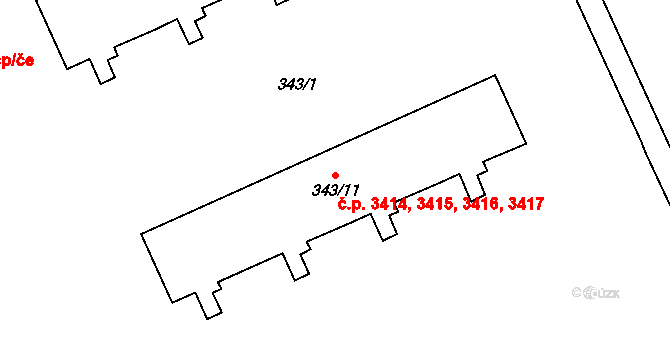 Znojmo 3414,3415,3416,3417 na parcele st. 343/11 v KÚ Znojmo-Louka, Katastrální mapa