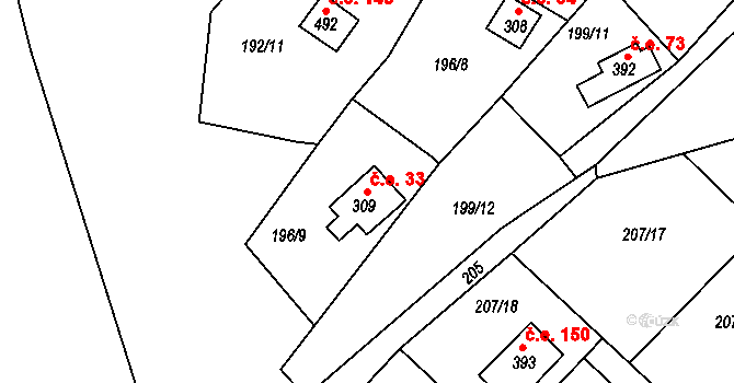 Rataje nad Sázavou 33 na parcele st. 309 v KÚ Rataje nad Sázavou, Katastrální mapa
