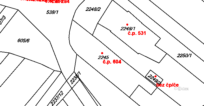 Veverská Bítýška 604 na parcele st. 2245 v KÚ Veverská Bítýška, Katastrální mapa