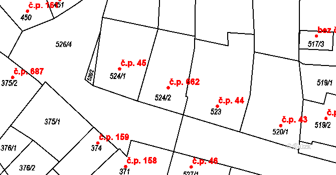 Šardice 662 na parcele st. 524/2 v KÚ Šardice, Katastrální mapa