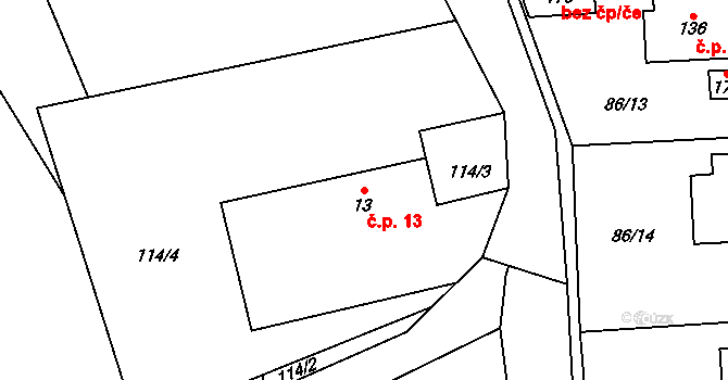 Třebín 13, Dubné na parcele st. 13 v KÚ Třebín, Katastrální mapa