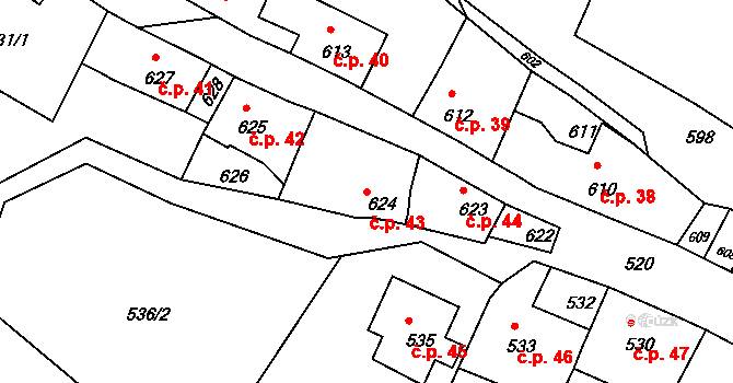Mimoň II 43, Mimoň na parcele st. 624 v KÚ Mimoň, Katastrální mapa