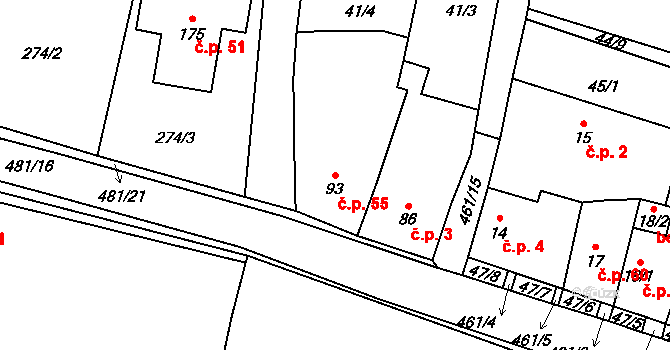 Třeboutice 55, Křešice na parcele st. 93 v KÚ Třeboutice, Katastrální mapa