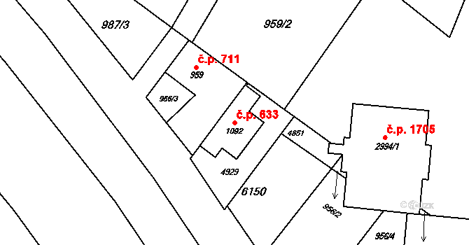 Rožnov pod Radhoštěm 633 na parcele st. 1092 v KÚ Rožnov pod Radhoštěm, Katastrální mapa