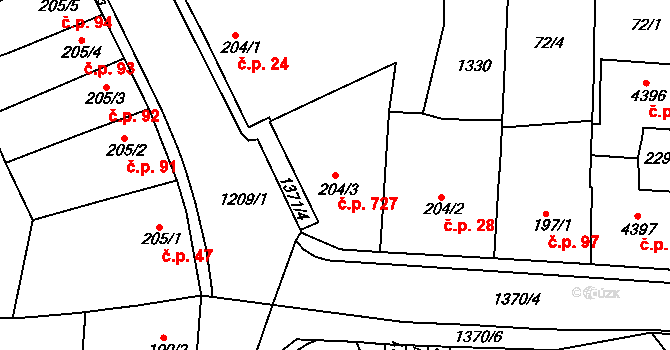 Valdické Předměstí 727, Jičín na parcele st. 204/3 v KÚ Jičín, Katastrální mapa