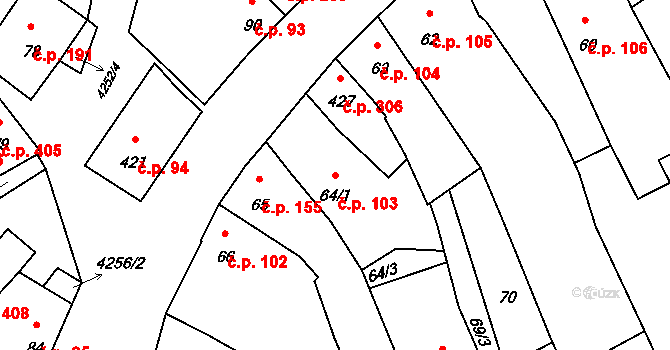 Kardašova Řečice 103 na parcele st. 64/1 v KÚ Kardašova Řečice, Katastrální mapa