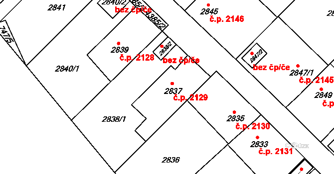 Teplice 2129 na parcele st. 2837 v KÚ Teplice, Katastrální mapa