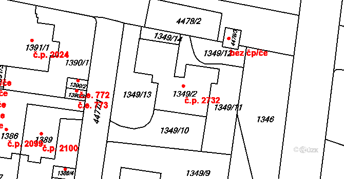 Teplice 2732 na parcele st. 1349/2 v KÚ Teplice, Katastrální mapa