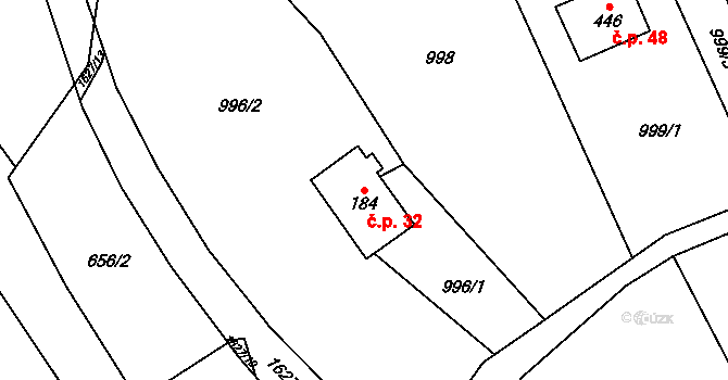 Bukovina 32, Vítězná na parcele st. 184 v KÚ Huntířov, Katastrální mapa