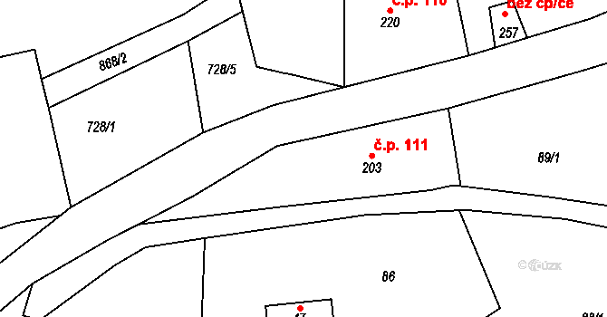 Horní Poustevna 111, Dolní Poustevna na parcele st. 203 v KÚ Horní Poustevna, Katastrální mapa