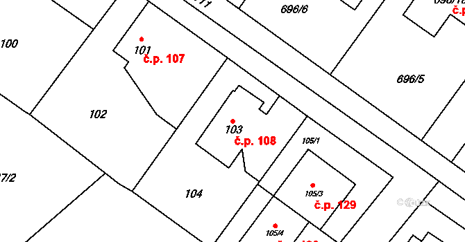 Přední Kopanina 108, Praha na parcele st. 103 v KÚ Přední Kopanina, Katastrální mapa