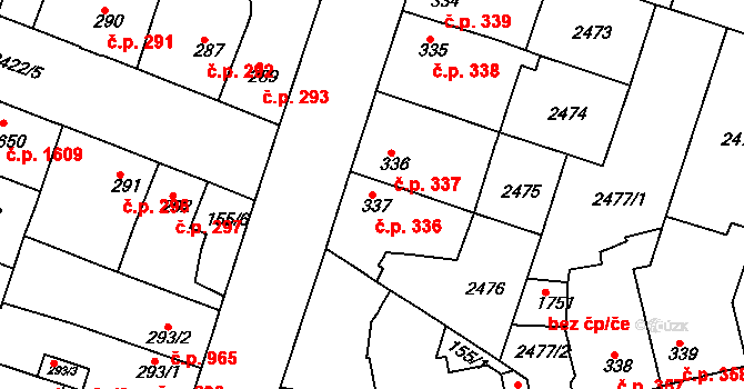 Rosice 336 na parcele st. 337 v KÚ Rosice u Brna, Katastrální mapa