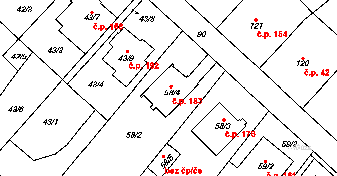 Ostrovačice 183 na parcele st. 58/4 v KÚ Ostrovačice, Katastrální mapa