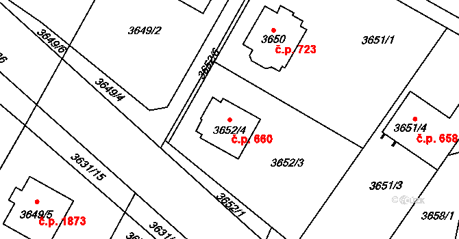 Fryštát 660, Karviná na parcele st. 3652/4 v KÚ Karviná-město, Katastrální mapa