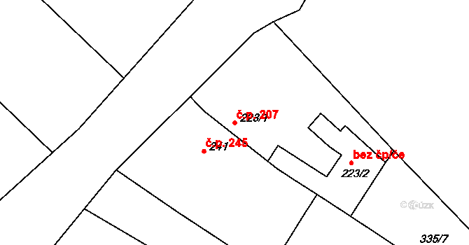 Čebín 207 na parcele st. 223/1 v KÚ Čebín, Katastrální mapa