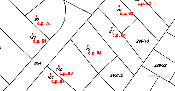 Katusice 65 na parcele st. 73 v KÚ Katusice, Katastrální mapa
