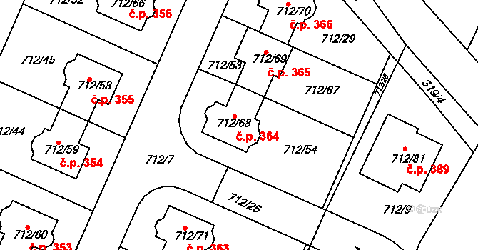 Koloděje 364, Praha na parcele st. 712/68 v KÚ Koloděje, Katastrální mapa