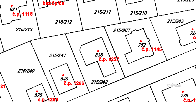 Rudná 1227 na parcele st. 835 v KÚ Hořelice, Katastrální mapa