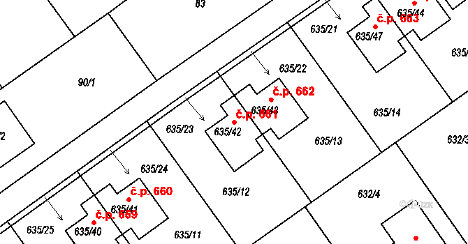 Jirny 661 na parcele st. 635/42 v KÚ Jirny, Katastrální mapa