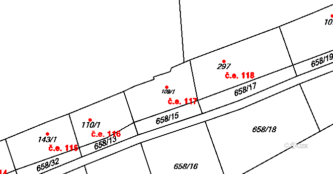 Kunětice 117 na parcele st. 109/1 v KÚ Kunětice, Katastrální mapa