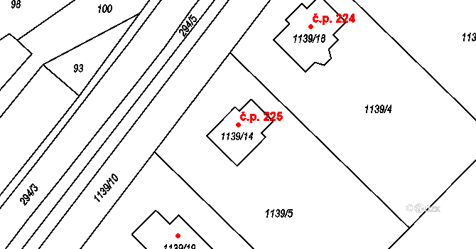Hlízov 225 na parcele st. 1139/14 v KÚ Hlízov, Katastrální mapa