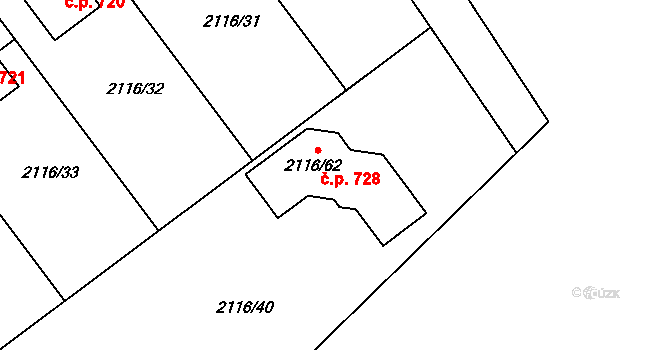 Vacenovice 728 na parcele st. 2116/62 v KÚ Vacenovice u Kyjova, Katastrální mapa