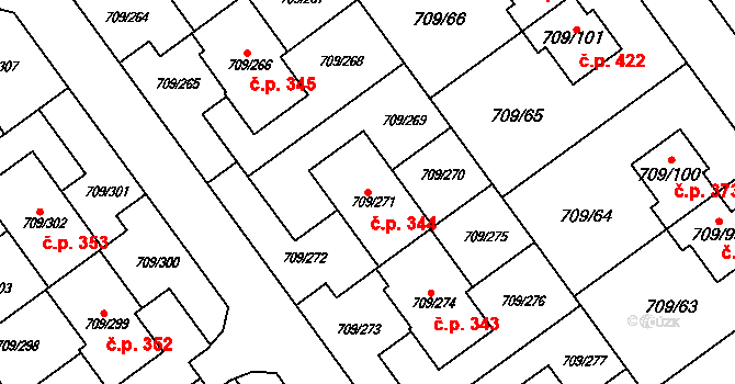 Popůvky 344 na parcele st. 709/271 v KÚ Popůvky u Brna, Katastrální mapa