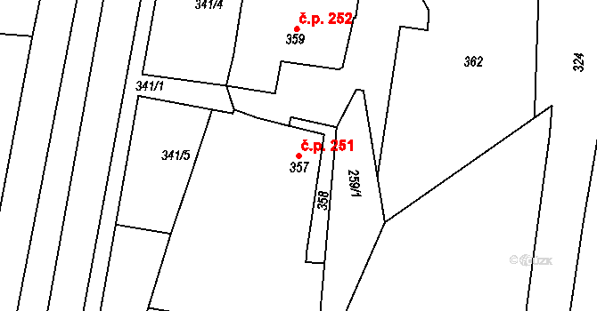 Jemnice 251 na parcele st. 357 v KÚ Jemnice, Katastrální mapa