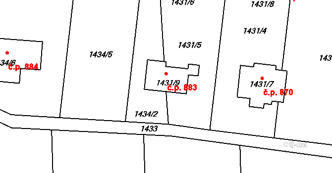 Paskov 883 na parcele st. 1431/9 v KÚ Paskov, Katastrální mapa
