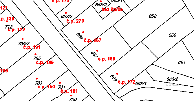 Pustiměřské Prusy 166, Pustiměř na parcele st. 657 v KÚ Pustiměř, Katastrální mapa