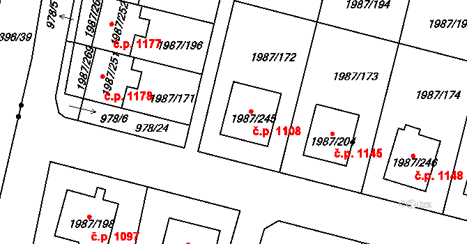 Nýřany 1108 na parcele st. 1987/245 v KÚ Nýřany, Katastrální mapa