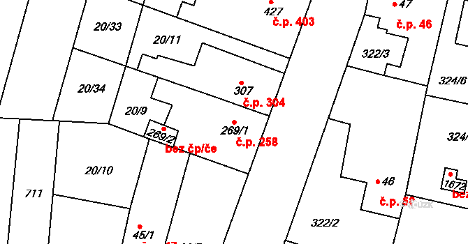Rosice 258, Pardubice na parcele st. 269/1 v KÚ Rosice nad Labem, Katastrální mapa