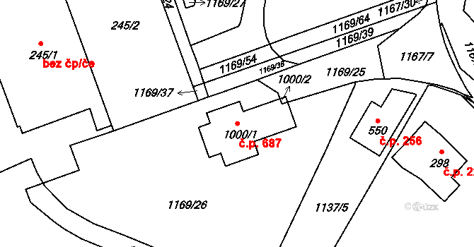 Kudlov 687, Zlín na parcele st. 1000/1 v KÚ Kudlov, Katastrální mapa
