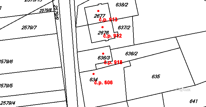 Koryčany 918 na parcele st. 636/3 v KÚ Koryčany, Katastrální mapa