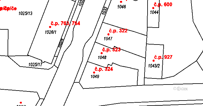 Podbořany 323 na parcele st. 1048 v KÚ Podbořany, Katastrální mapa