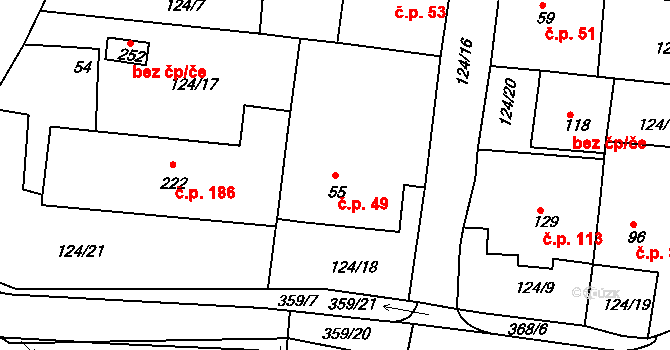 Okrouhlice 49 na parcele st. 55 v KÚ Okrouhlice, Katastrální mapa