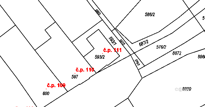 Oleksovice 111 na parcele st. 593/2 v KÚ Oleksovice, Katastrální mapa