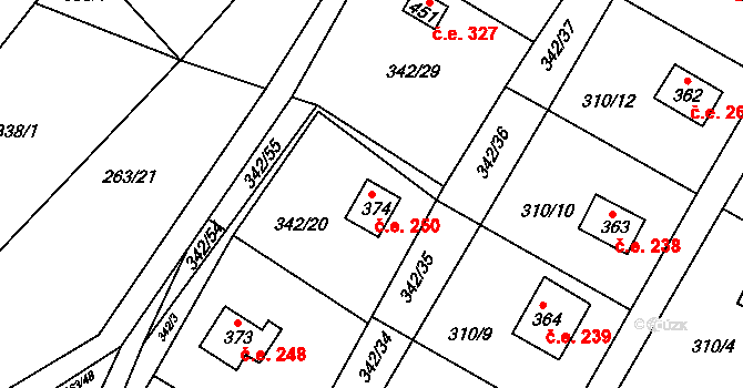 Hostěradice 250, Kamenný Přívoz na parcele st. 374 v KÚ Hostěradice, Katastrální mapa