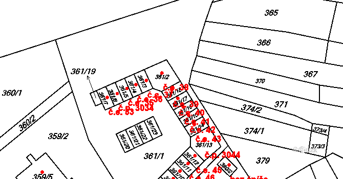 Vyškov-Předměstí 39, Vyškov na parcele st. 361/18 v KÚ Vyškov, Katastrální mapa