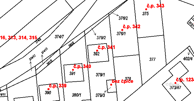 Rousínov 341 na parcele st. 392 v KÚ Rousínov u Vyškova, Katastrální mapa