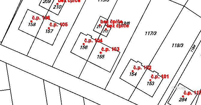 Suchý 103 na parcele st. 155 v KÚ Suchý, Katastrální mapa