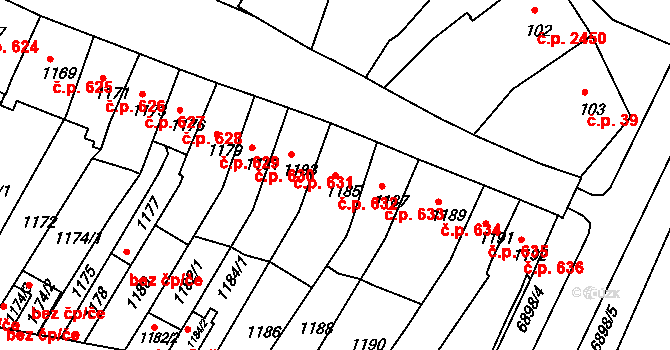 Boskovice 632 na parcele st. 1185 v KÚ Boskovice, Katastrální mapa