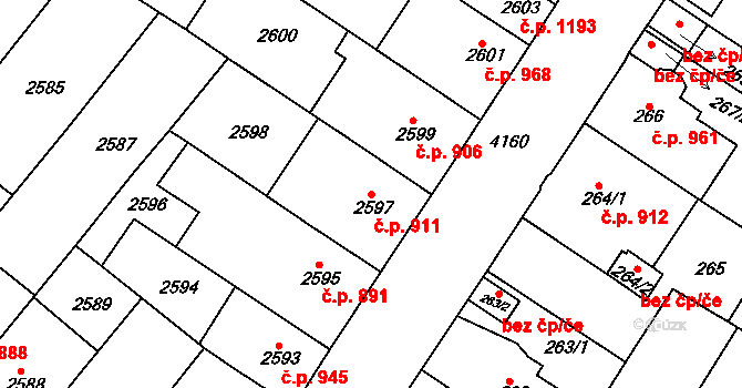 Roudnice nad Labem 911 na parcele st. 2597 v KÚ Roudnice nad Labem, Katastrální mapa