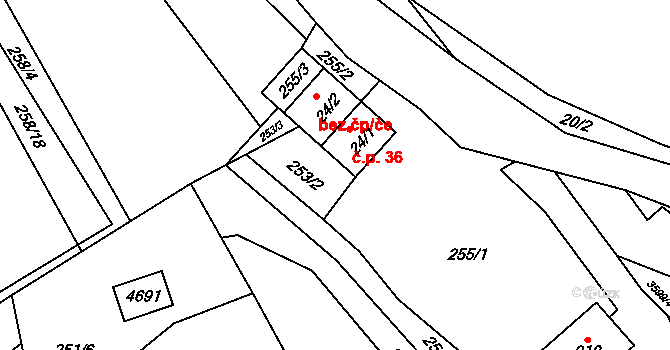 Valašská Bystřice 36 na parcele st. 24/1 v KÚ Valašská Bystřice, Katastrální mapa