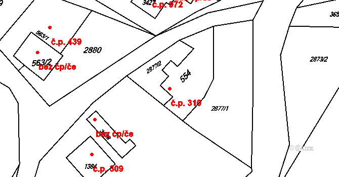Rožnov pod Radhoštěm 310 na parcele st. 554 v KÚ Rožnov pod Radhoštěm, Katastrální mapa