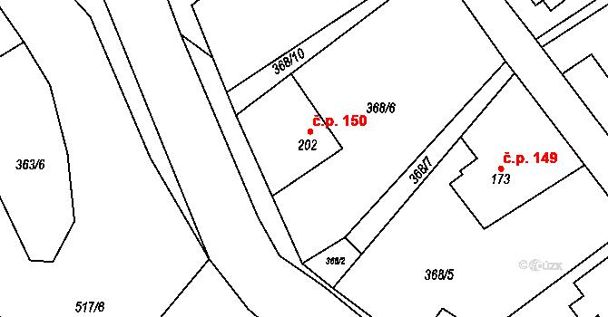 Senohraby 150 na parcele st. 202 v KÚ Senohraby, Katastrální mapa