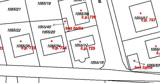 Březnice 725 na parcele st. 1055/37 v KÚ Březnice, Katastrální mapa