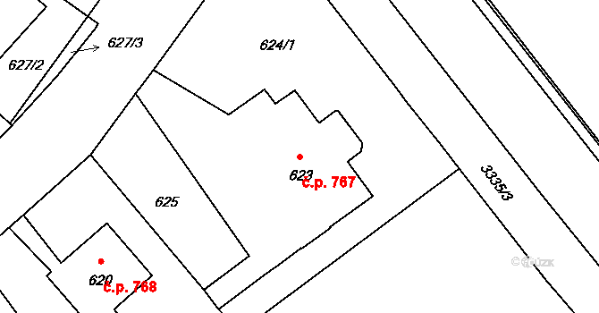 Pelhřimov 767 na parcele st. 623 v KÚ Pelhřimov, Katastrální mapa