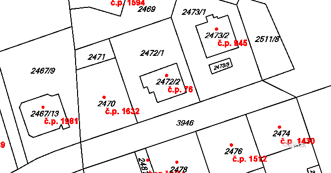 Modřany 76, Praha na parcele st. 2472/2 v KÚ Modřany, Katastrální mapa